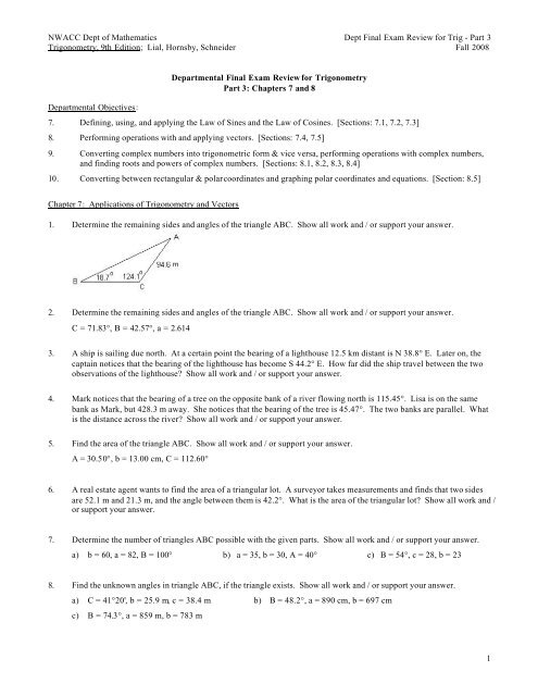 Nwacc Dept Of Mathematics Dept Final Exam Review For Trig Part