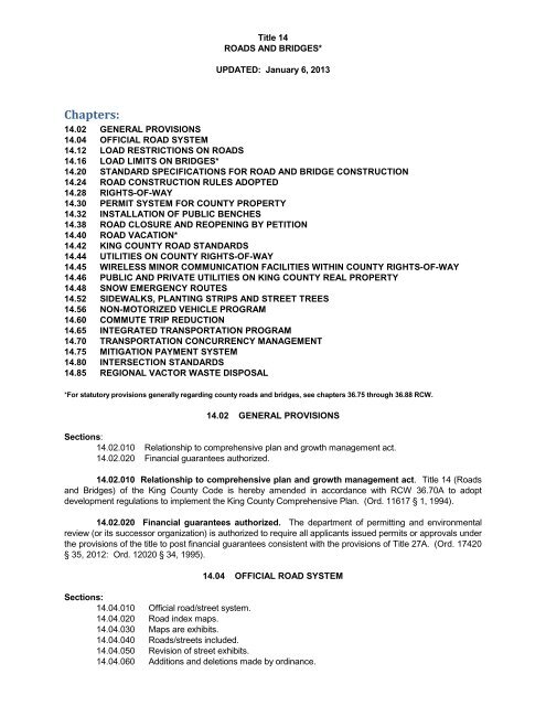 Title 14 - ROADS AND BRIDGES - King County
