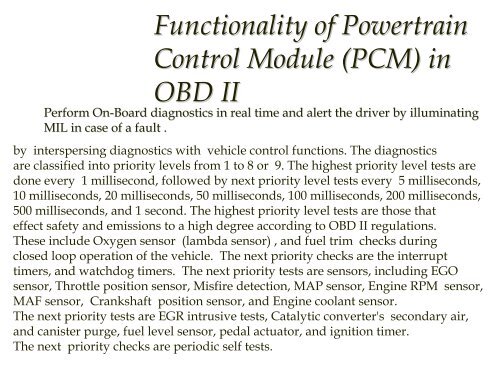 Introduction to On Board Diagnostics (II)