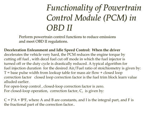 Introduction to On Board Diagnostics (II)