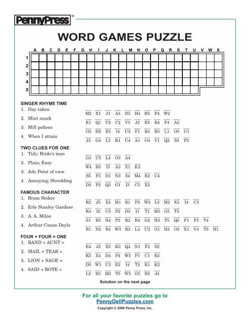 Word Games Puzzle PennyDellPuzzles