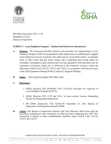 PR OSHA Instruction CPL 11- 05 September 29, 2011 Bureau of ...