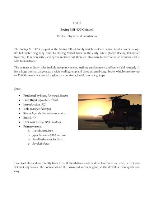 Area-51 Simulations Boeing MH-47G Chinook - Rays Aviation