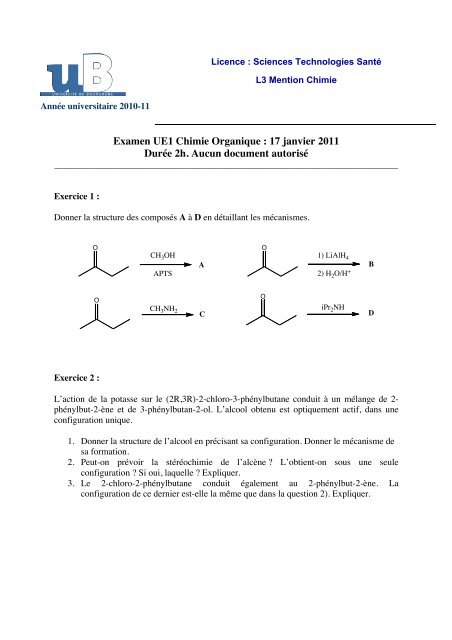 Examen UE1 Chimie Organique : 17 janvier 2011 ... - L3 Chimie Dijon