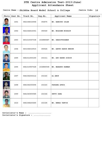 DTE Centre Admission Test-2013(June) Applicant Attendance Sheet