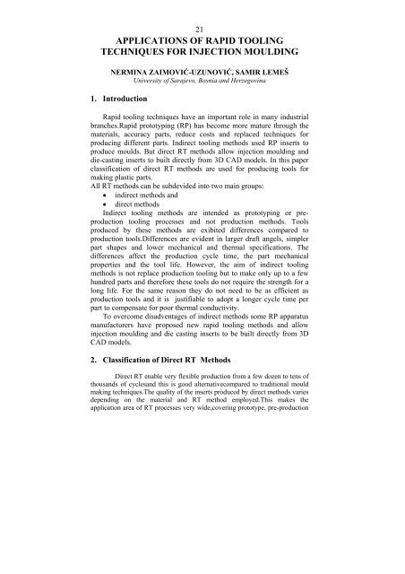 Applications of Rapid Tooling Techniques for Injection Moulding