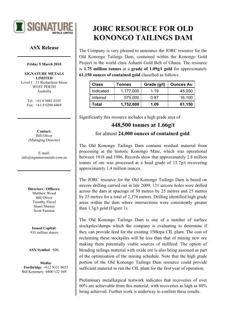 jorc resource for old konongo tailings dam - Signature Metals