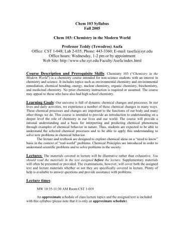 Chem 103 Syllabus Fall 2005 Chem 103: Chemistry in the Modern ...