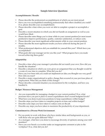 sample media interview q a 100 top job interview questions—be prepared for the interview interview questions can run the gamut it's unlikely you'll face all 100 of these, but you should still be prepared to answer at least some of them. sample media interview q a 100 top job interview questions—be prepared for the interview interview questions can run the gamut it's unlikely you'll face all 100 of these, but you should still be prepared to answer at least some of them.