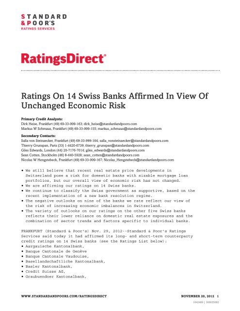 Ratings On 14 Swiss Banks Affirmed In View Of ... - Vontobel