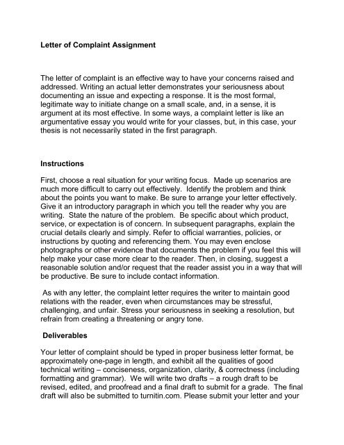 Letter of Complaint Assignment The letter of complaint is an effective ...