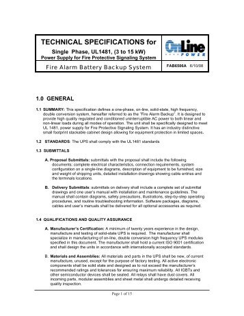 TECHNICAL SPECIFICATIONS for - Online Power, Inc.