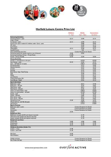 Horfield Leisure Centre Price List - Everyone Active