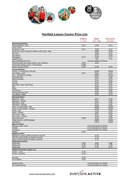 Horfield Leisure Centre Price List - Everyone Active