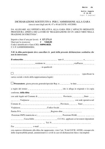 dichiarazione sostitutiva per l'ammissione alla gara - Comune di ...