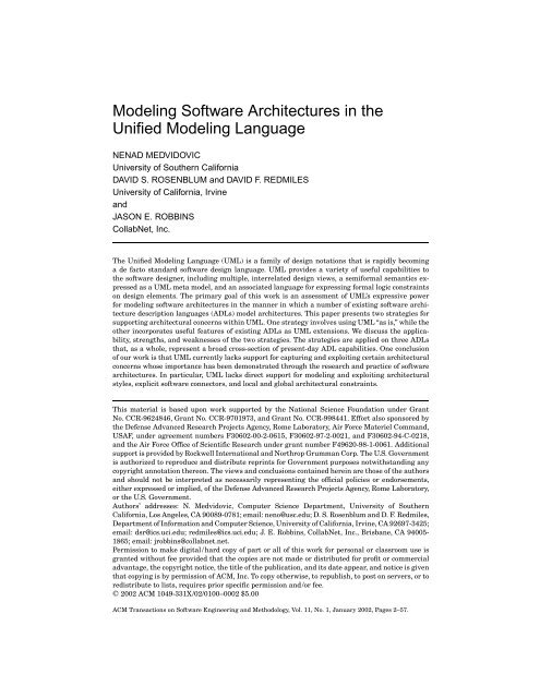 Modeling Software Architectures in the Unified Modeling Language