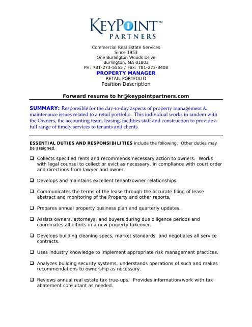 PROPERTY MANAGER Position Description Forward resume to hr ...