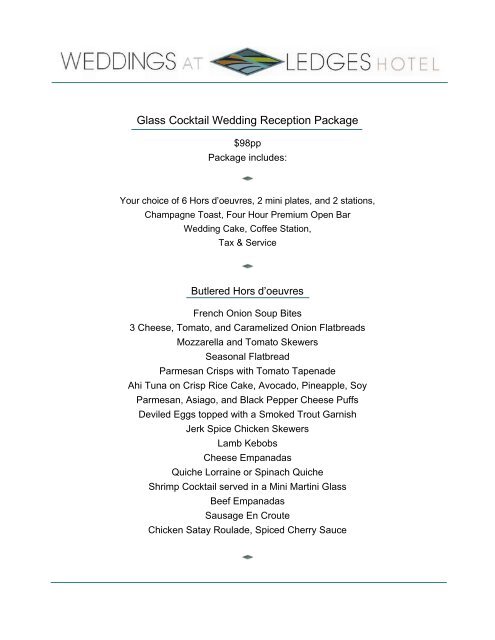 Cocktail Reception Menu Ledges Hotel