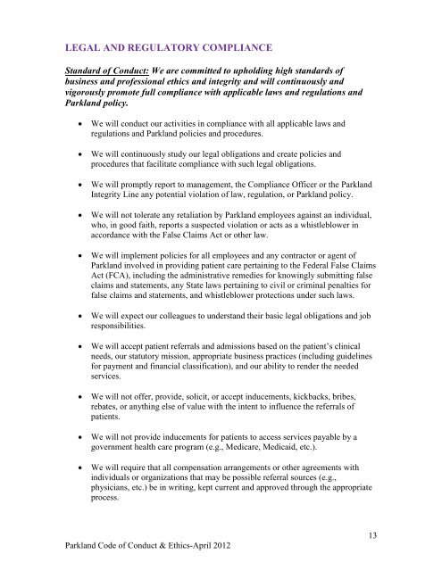 parkland health & hospital system code of conduct ... - EthicsPoint
