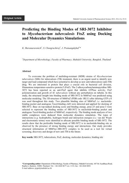 Predicting the Binding Modes of SRI-3072 Inhibitor to ...