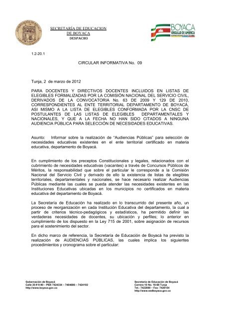 Circular informativa No. 09 - Secretaria de Educación de Boyacá