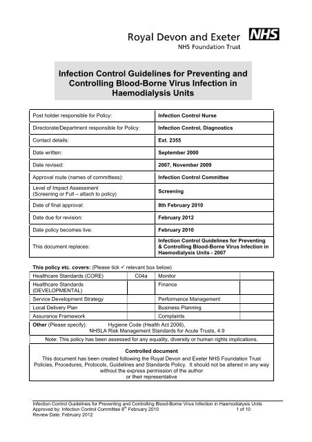 infection control guidelines for haemodialysis - Royal Devon ...