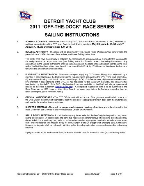 detroit yacht club 2011 “off-the-dock” race series sailing instructions