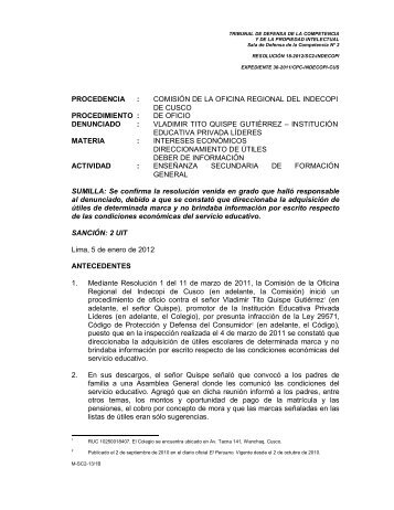 PROCEDENCIA : COMISIÃN DE LA OFICINA REGIONAL ... - Indecopi