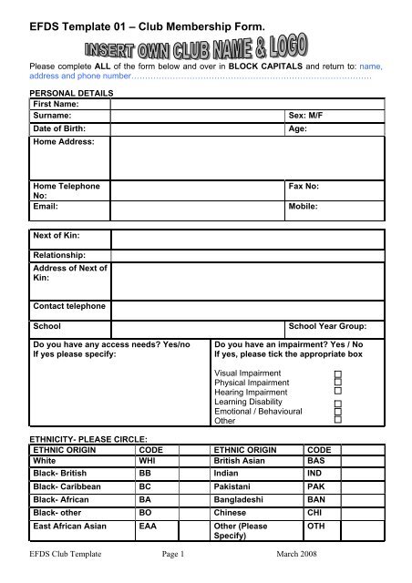 Club Membership Form Template