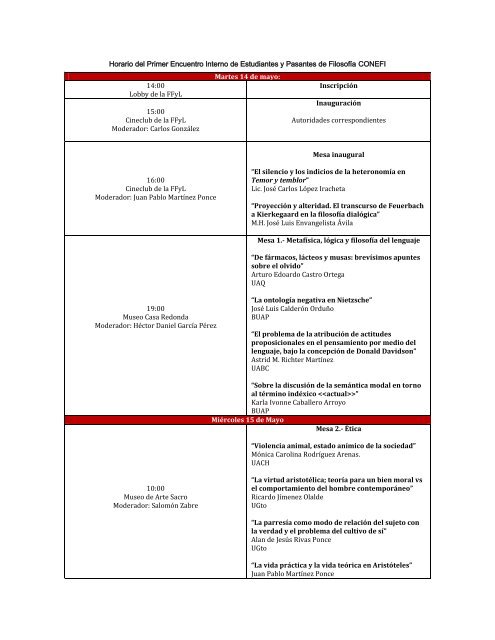Horario del Primer Encuentro Interno de Estudiantes y Pasantes de ...