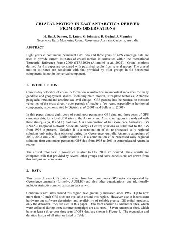 CRUSTAL MOTION IN EAST ANTARCTICA DERIVED FROM GPS ...