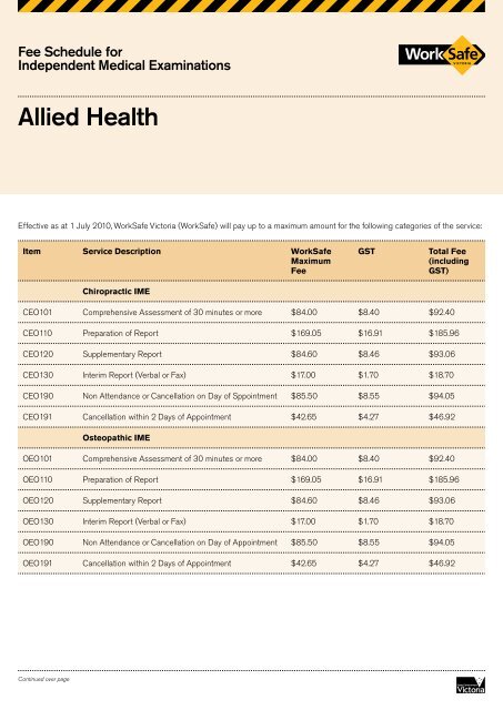 IME Allied Health Fee Schedule - Effective from ... - WorkSafe Victoria