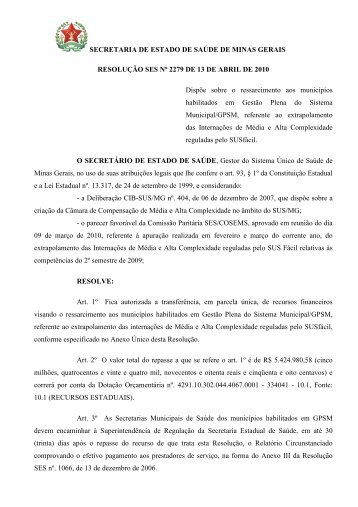 RESOLUÇÃO SES Nº 2279 DE 13 DE ABRIL - Secretaria de Estado ...