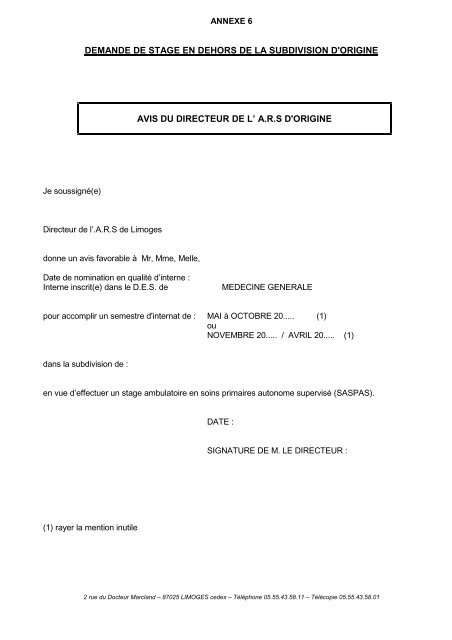 Dossier de candidature pour le SASPAS Hors Subdivision