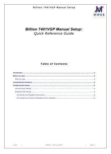 Billion 7401VGP Manual Setup - Mweb
