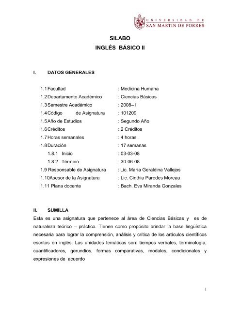 SILABO INGLÃS BÃSICO II - Facultad de Medicina Humana