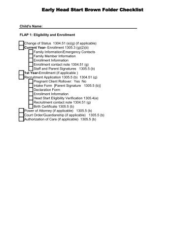 Early Head Start Brown Folder Checklist