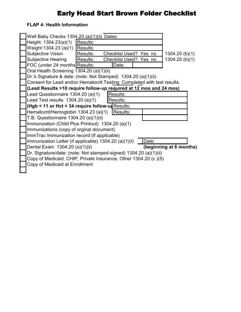 Early Head Start Brown Folder Checklist