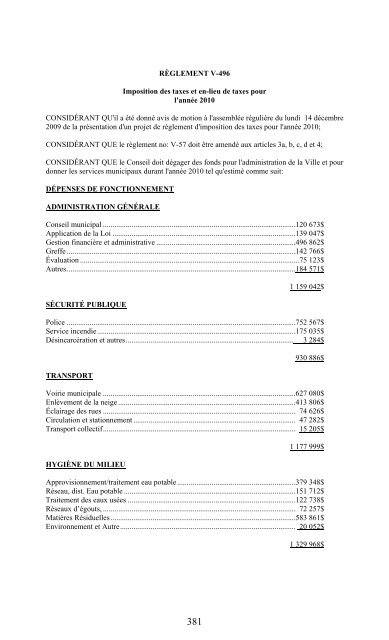 RÃGLEMENT V-496 Imposition des taxes et en-lieu de taxes pour l ...