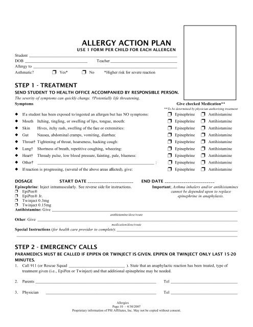 ALLERGY ACTION PLAN - eSchoolView