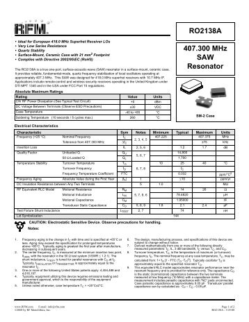 407.300 MHz SAW Resonator RO2138A - RF Monolithics, Inc.