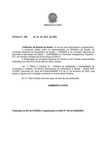 Altera o capítulo III da NOAS/SUS 01 - Secretaria da Saúde