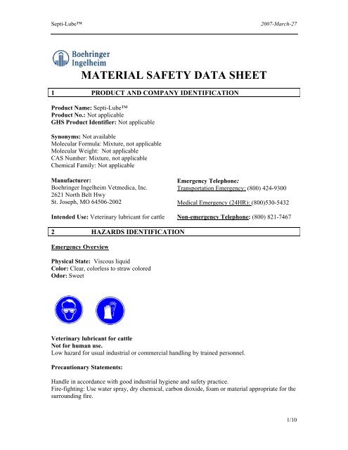 practice. Fire-fighting: Use water spray, dry chemical - Boehringer ...