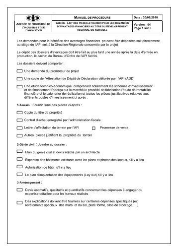 Check-list des piÃ¨ces Ã  fournir pour les ... - Tunisie industrie