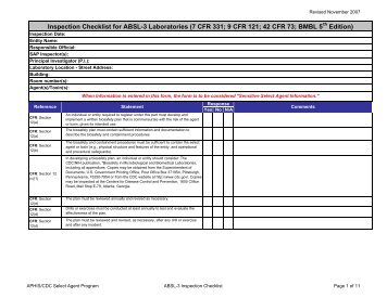 Inspection Checklist for ABSL-3 Laboratories - Select Agent Program