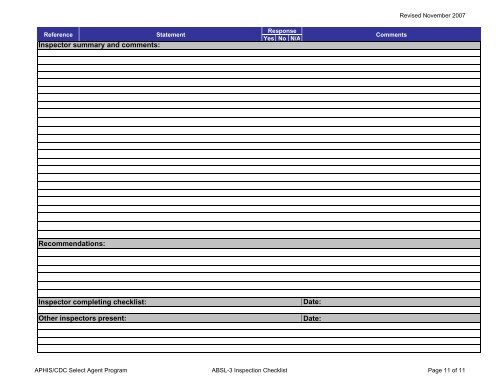 Inspection Checklist for ABSL-3 Laboratories - Select Agent Program