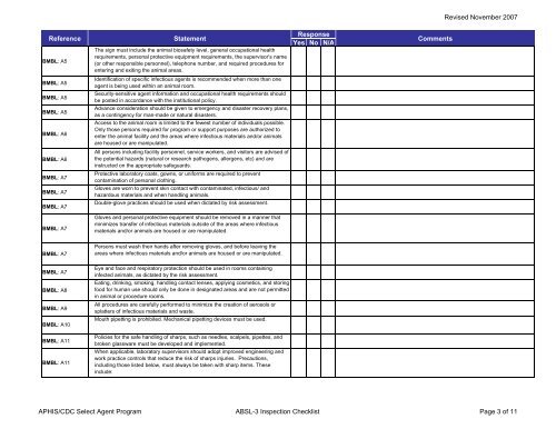 Inspection Checklist for ABSL-3 Laboratories - Select Agent Program