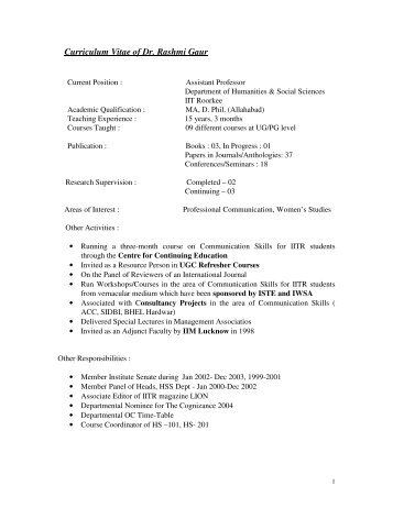 Curriculum Vitae of Dr. Rashmi Gaur