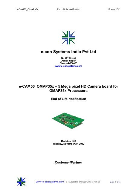 EOL Notification - e-con Systems