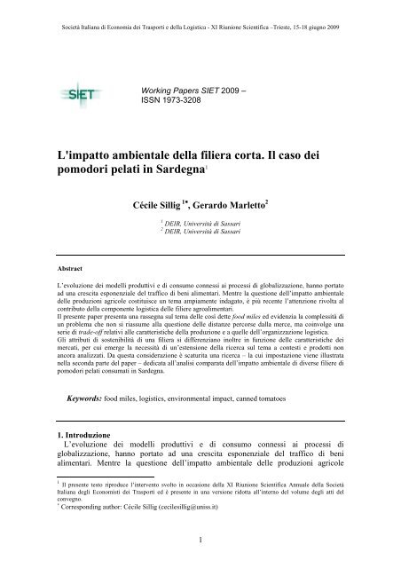 L'impatto ambientale della filiera corta. Il caso dei ... - Sietitalia.org